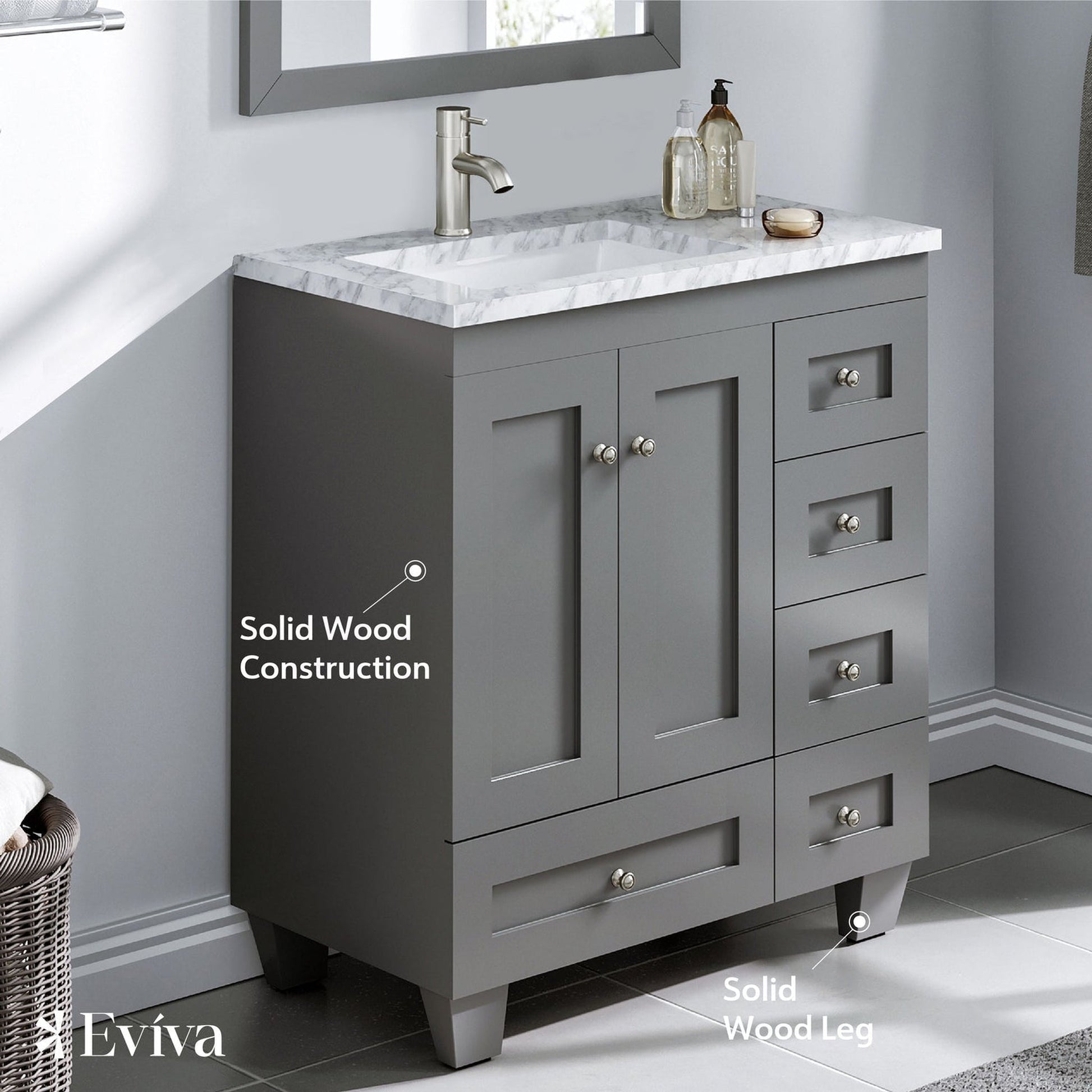 Eviva Happy 28" x 34" Gray Freestanding Bathroom Vanity With White Carrara Marble Top and Single Undermount Porcelain Sink