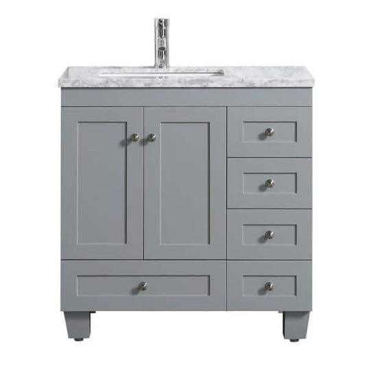 Eviva Happy 28" x 34" Gray Freestanding Bathroom Vanity With White Carrara Marble Top and Single Undermount Porcelain Sink