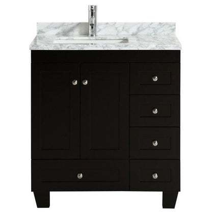 Eviva Happy 30" x 34" Espresso Freestanding Bathroom Vanity With White Carrara Marble Top and Single Undermount Porcelain Sink