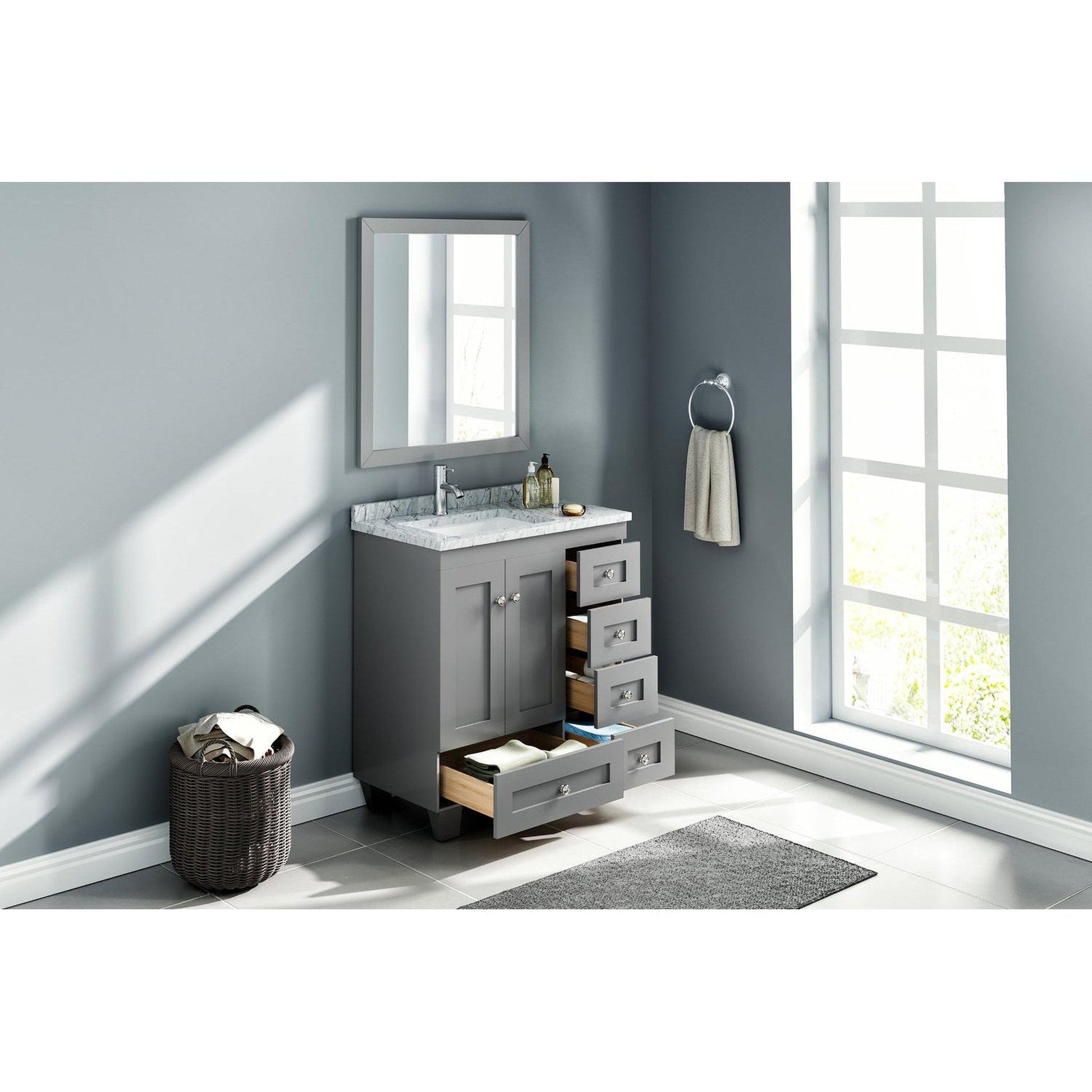 Eviva Happy 30" x 34" Gray Freestanding Bathroom Vanity With White Carrara Marble Top and Single Undermount Porcelain Sink