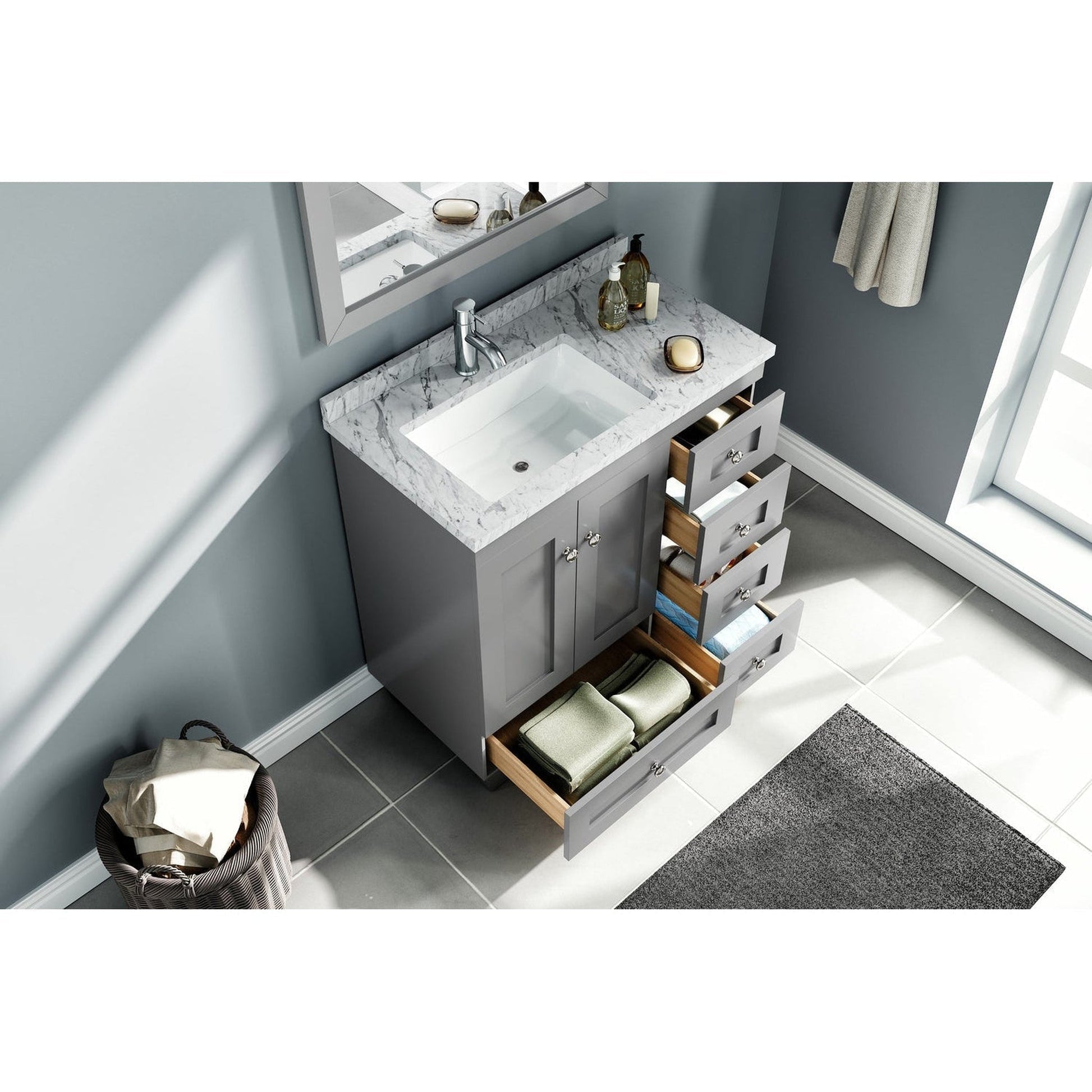 Eviva Happy 30" x 34" Gray Freestanding Bathroom Vanity With White Carrara Marble Top and Single Undermount Porcelain Sink