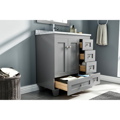 Eviva Happy 30" x 34" Gray Freestanding Bathroom Vanity With White Carrara Marble Top and Single Undermount Porcelain Sink