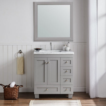 Eviva Happy 30" x 34" Gray Freestanding Bathroom Vanity With White Carrara Marble Top and Single Undermount Porcelain Sink