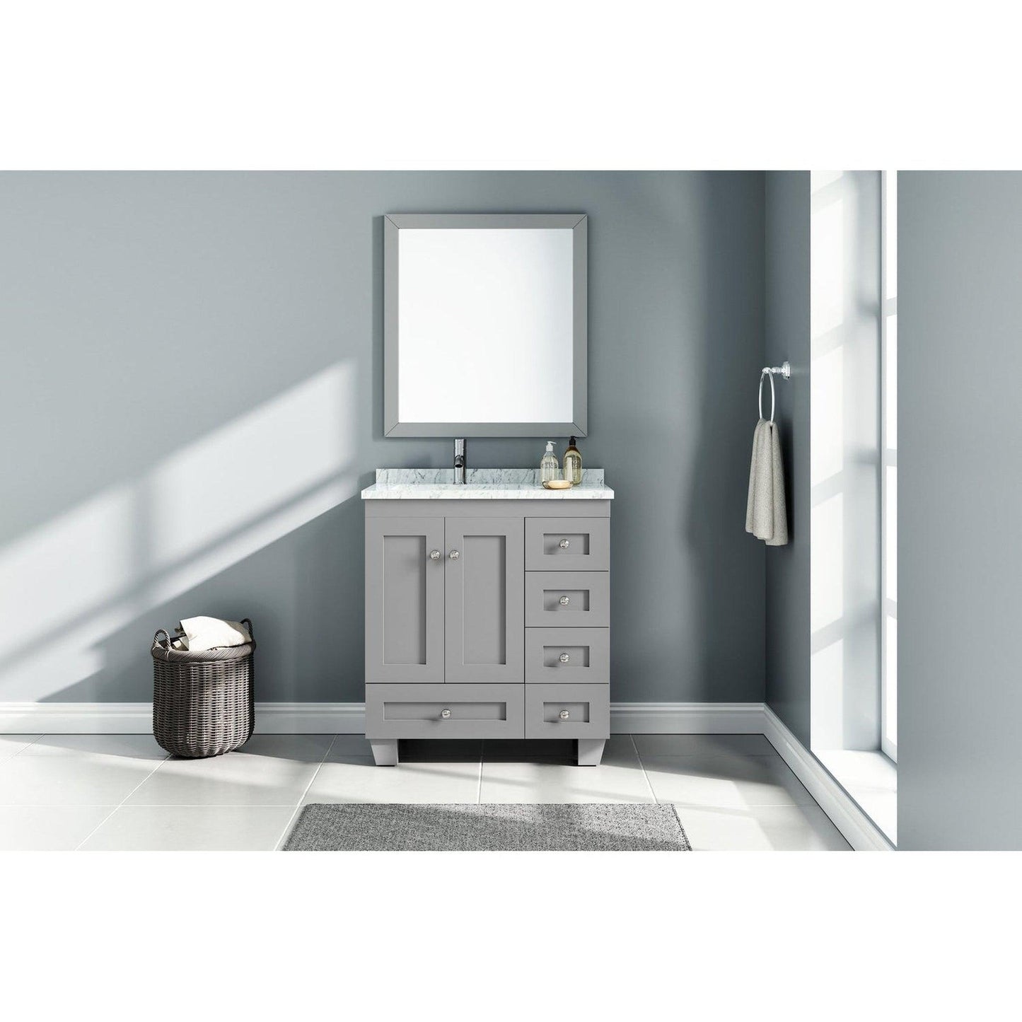 Eviva Happy 30" x 34" Gray Freestanding Bathroom Vanity With White Carrara Marble Top and Single Undermount Porcelain Sink