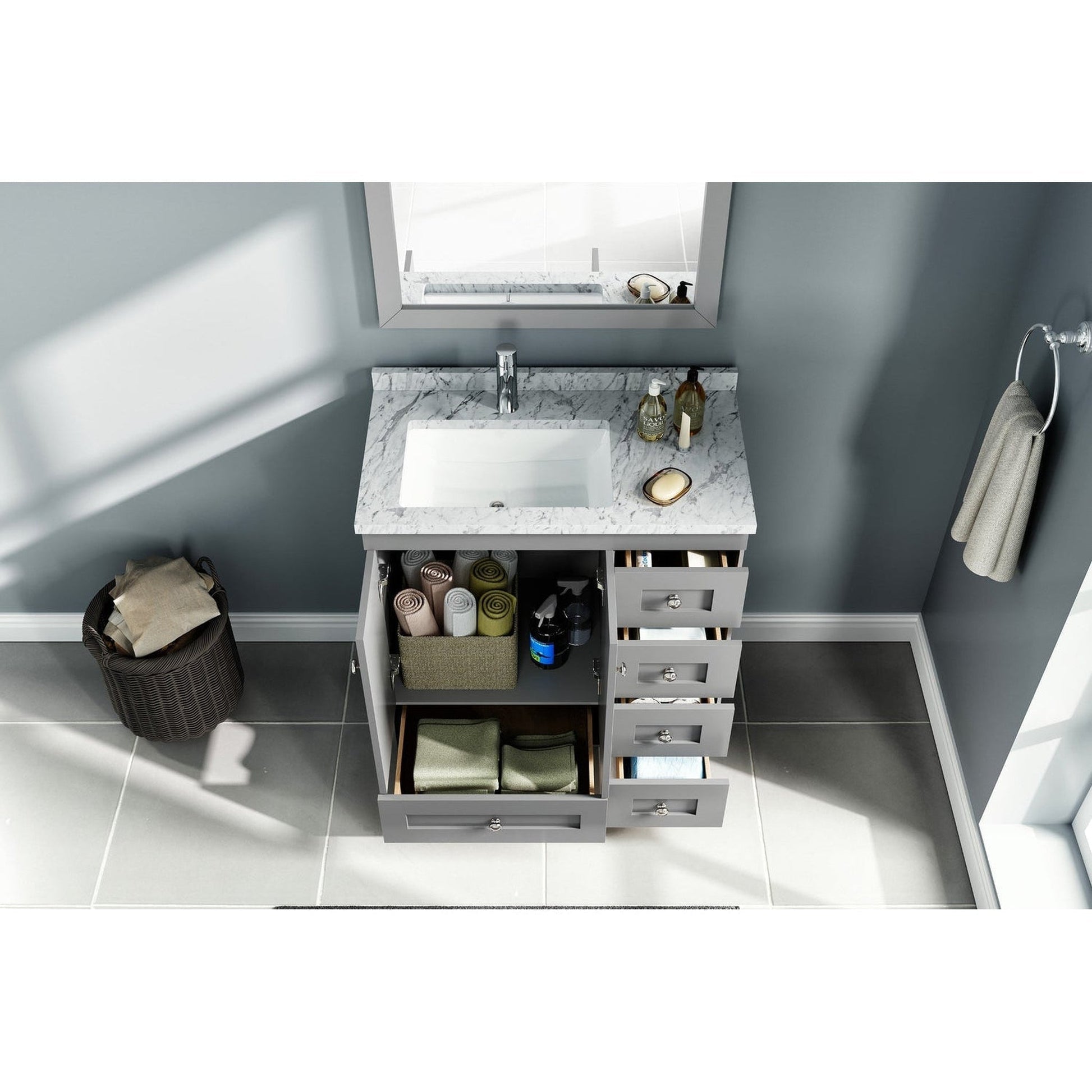 Eviva Happy 30" x 34" Gray Freestanding Bathroom Vanity With White Carrara Marble Top and Single Undermount Porcelain Sink