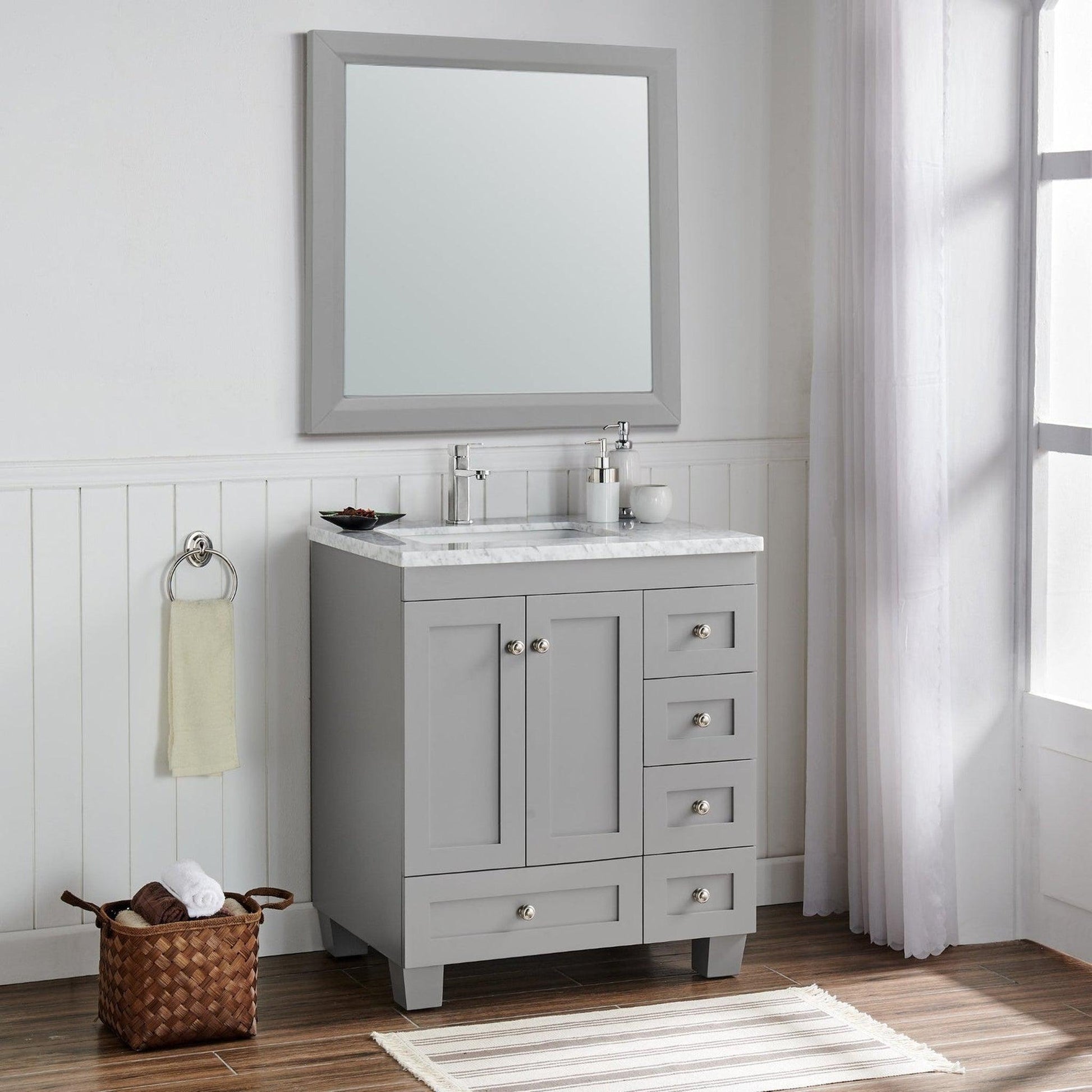 Eviva Happy 30" x 34" Gray Freestanding Bathroom Vanity With White Carrara Marble Top and Single Undermount Porcelain Sink