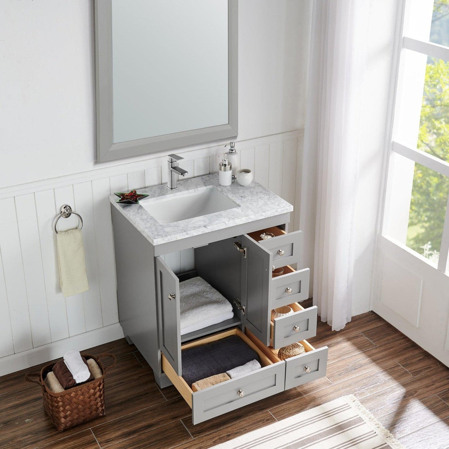 Eviva Happy 30" x 34" Gray Freestanding Bathroom Vanity With White Carrara Marble Top and Single Undermount Porcelain Sink