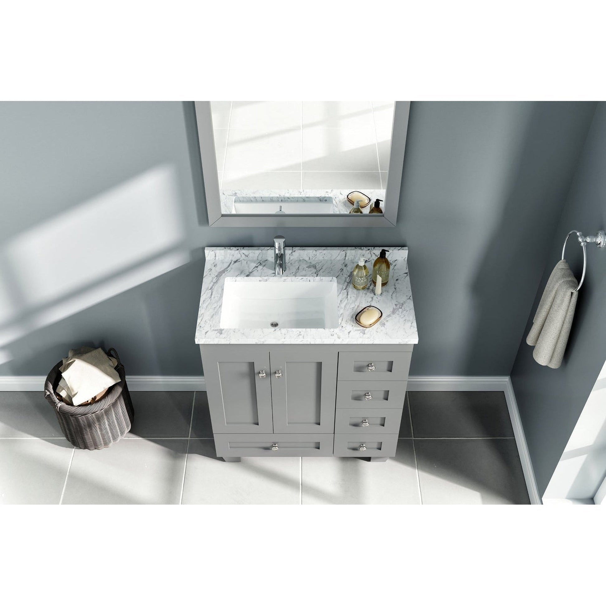 Eviva Happy 30" x 34" Gray Freestanding Bathroom Vanity With White Carrara Marble Top and Single Undermount Porcelain Sink