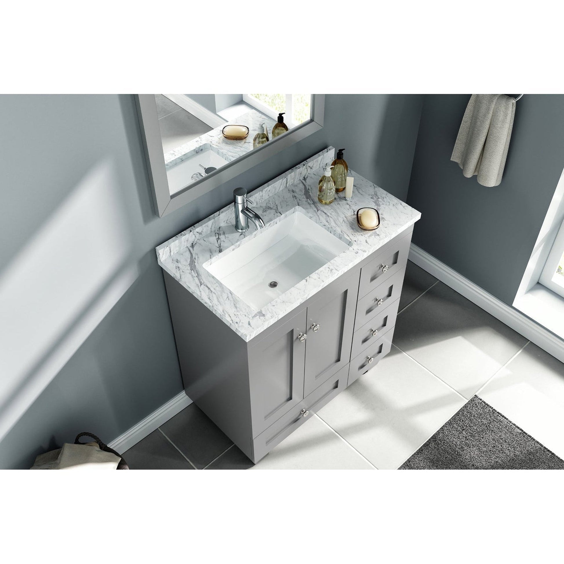 Eviva Happy 30" x 34" Gray Freestanding Bathroom Vanity With White Carrara Marble Top and Single Undermount Porcelain Sink