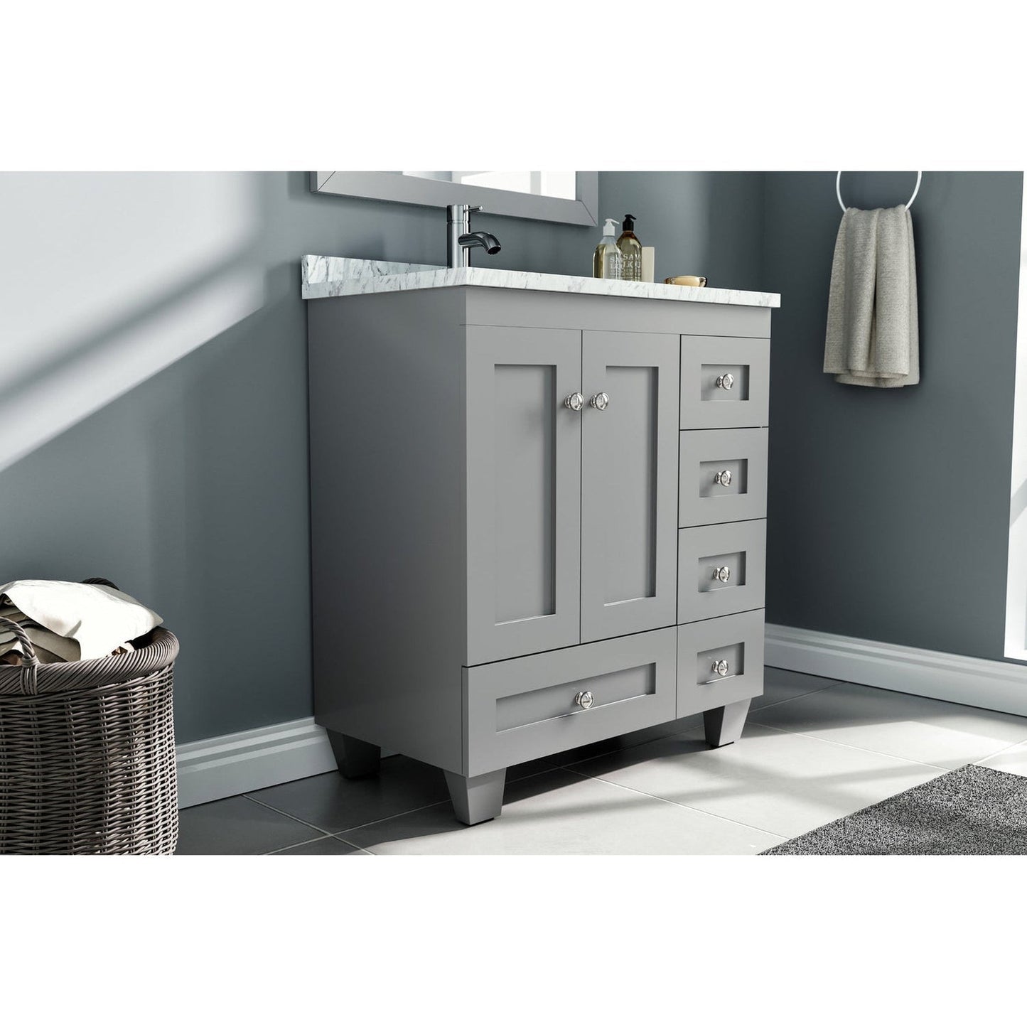 Eviva Happy 30" x 34" Gray Freestanding Bathroom Vanity With White Carrara Marble Top and Single Undermount Porcelain Sink