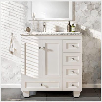 Eviva Happy 30" x 34" White Freestanding Bathroom Vanity With White Carrara Marble Top and Single Undermount Porcelain Sink