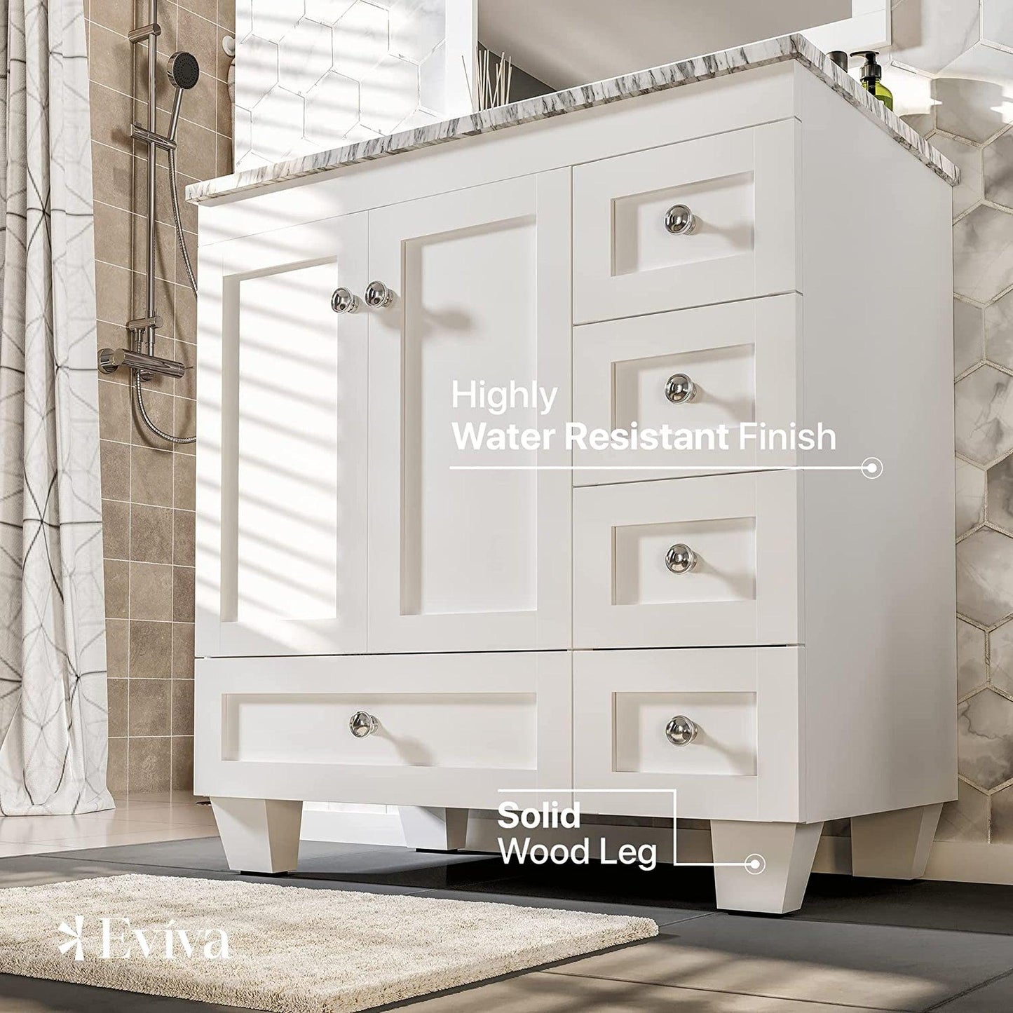 Eviva Happy 30" x 34" White Freestanding Bathroom Vanity With White Carrara Marble Top and Single Undermount Porcelain Sink