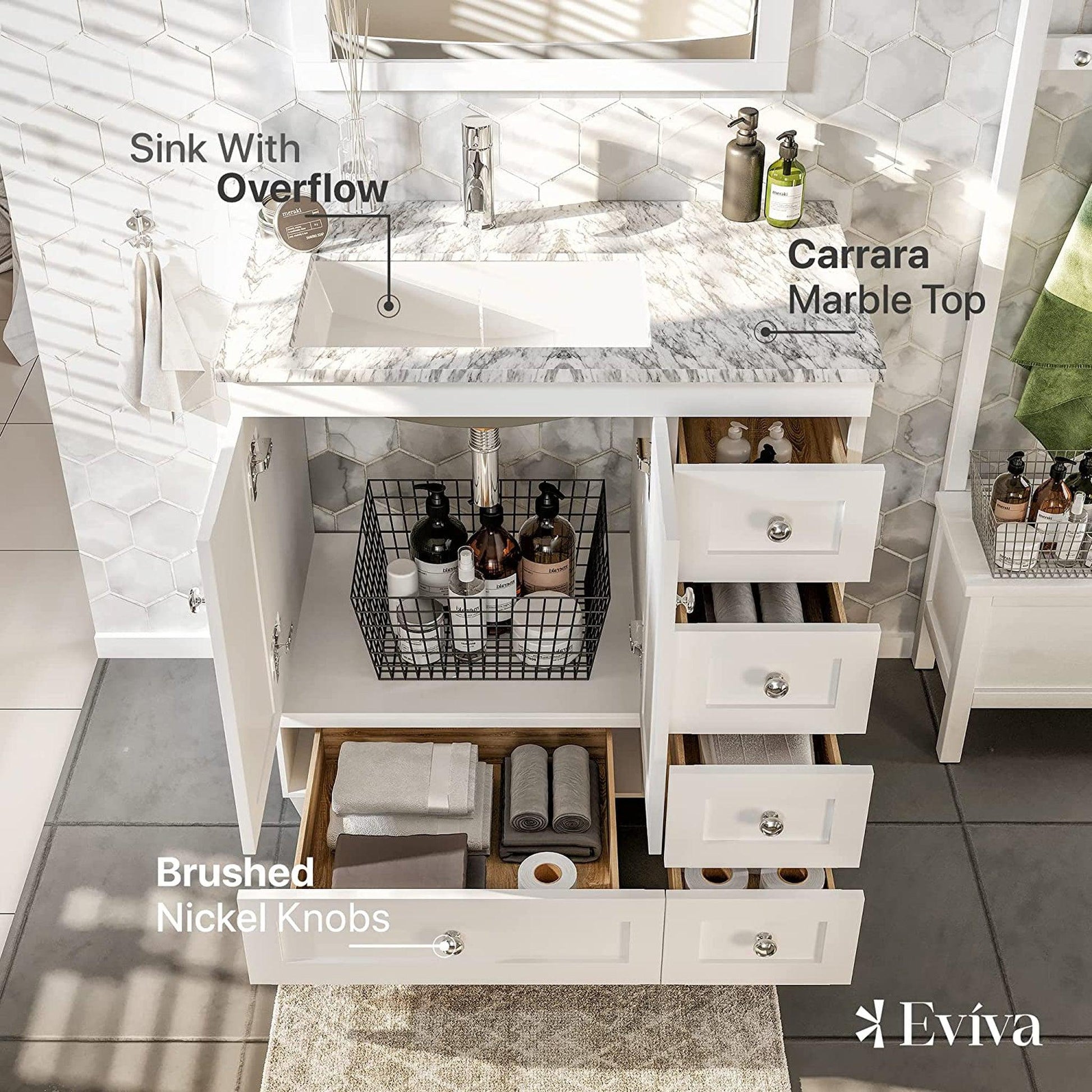 Eviva Happy 30" x 34" White Freestanding Bathroom Vanity With White Carrara Marble Top and Single Undermount Porcelain Sink
