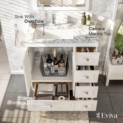 Eviva Happy 30" x 34" White Freestanding Bathroom Vanity With White Carrara Marble Top and Single Undermount Porcelain Sink