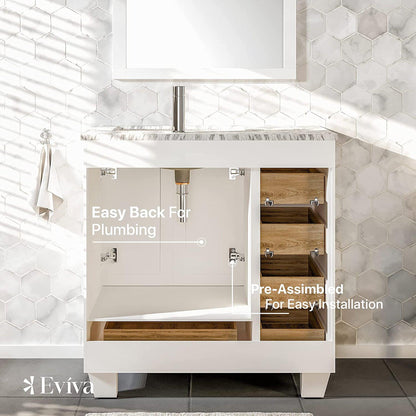 Eviva Happy 30" x 34" White Freestanding Bathroom Vanity With White Carrara Marble Top and Single Undermount Porcelain Sink