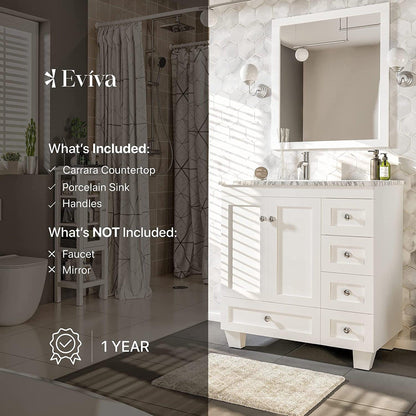 Eviva Happy 30" x 34" White Freestanding Bathroom Vanity With White Carrara Marble Top and Single Undermount Porcelain Sink