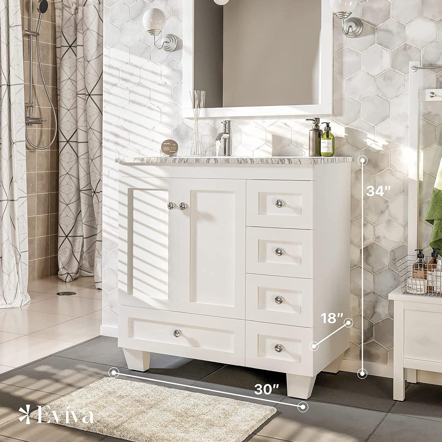 Eviva Happy 30" x 34" White Freestanding Bathroom Vanity With White Carrara Marble Top and Single Undermount Porcelain Sink