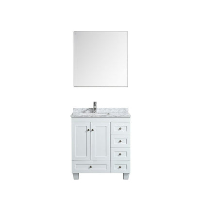 Eviva Happy 30" x 34" White Freestanding Bathroom Vanity With White Carrara Marble Top and Single Undermount Porcelain Sink