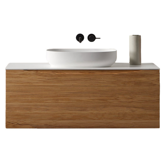 Eviva Leah 44" x 20.5" Medium Oak Wall-Mounted Bathroom Vanity With Oval Vessel Solid Surface Sink