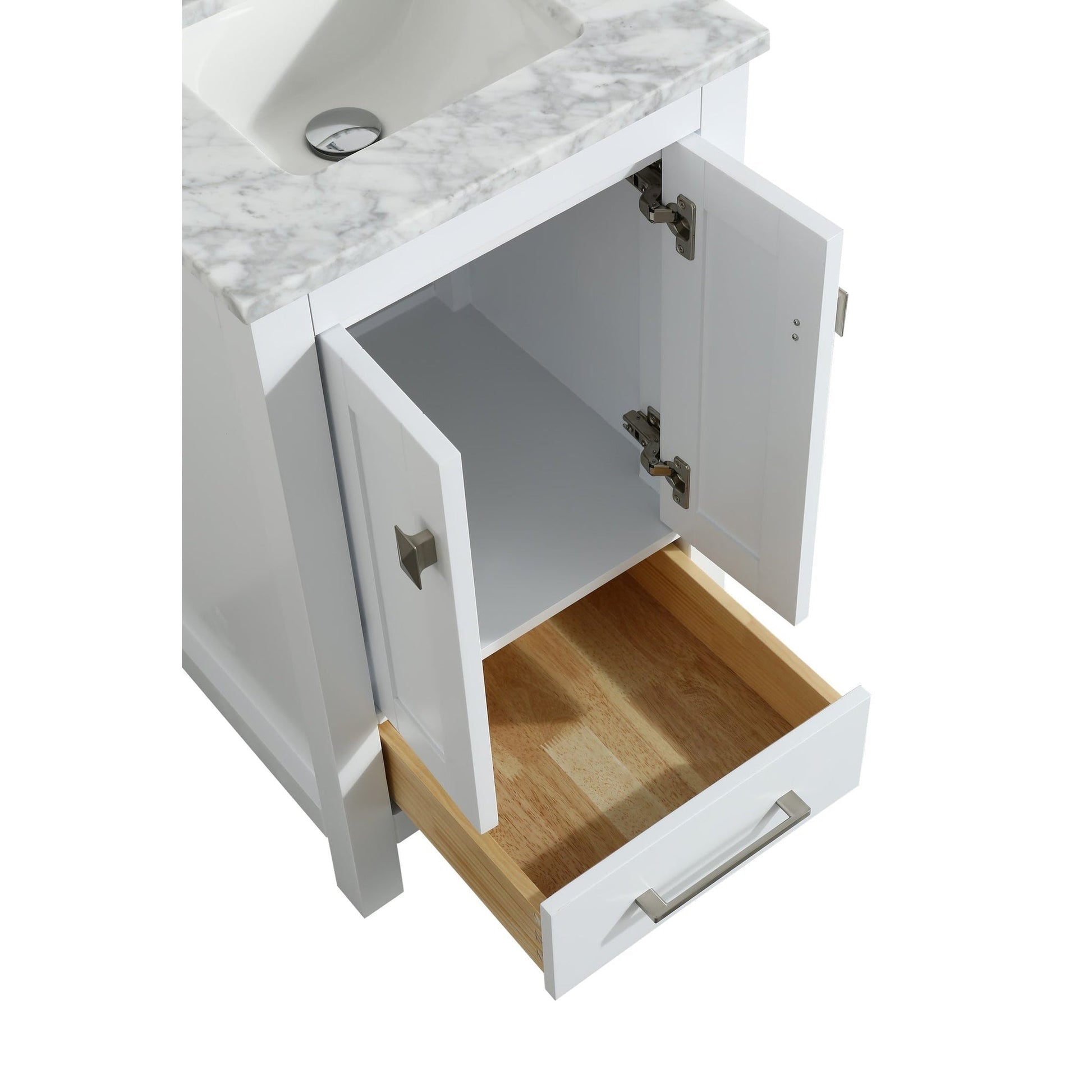 Eviva London 20" x 34" White Freestanding Bathroom Vanity With Carrara Marble Countertop and Single Undermount Sink