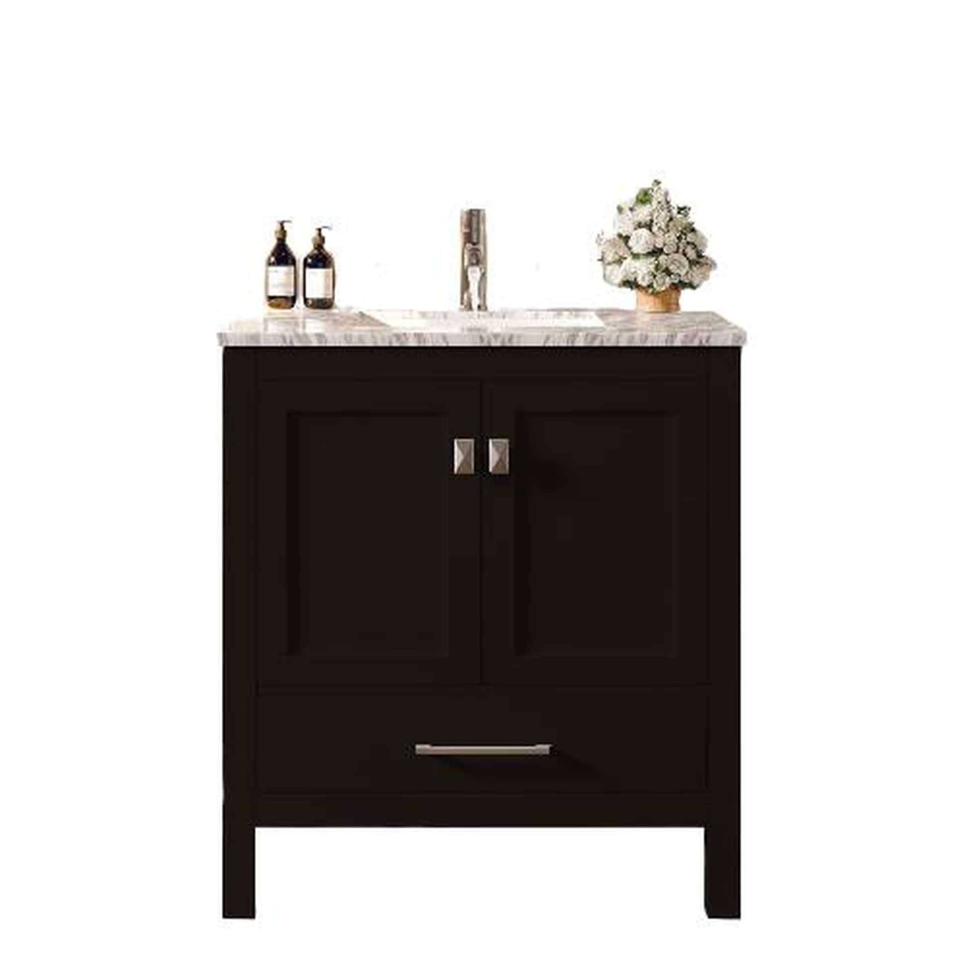 Eviva London 30" x 34" Espresso Freestanding Bathroom Vanity With Carrara Marble Countertop and Single Undermount Sink