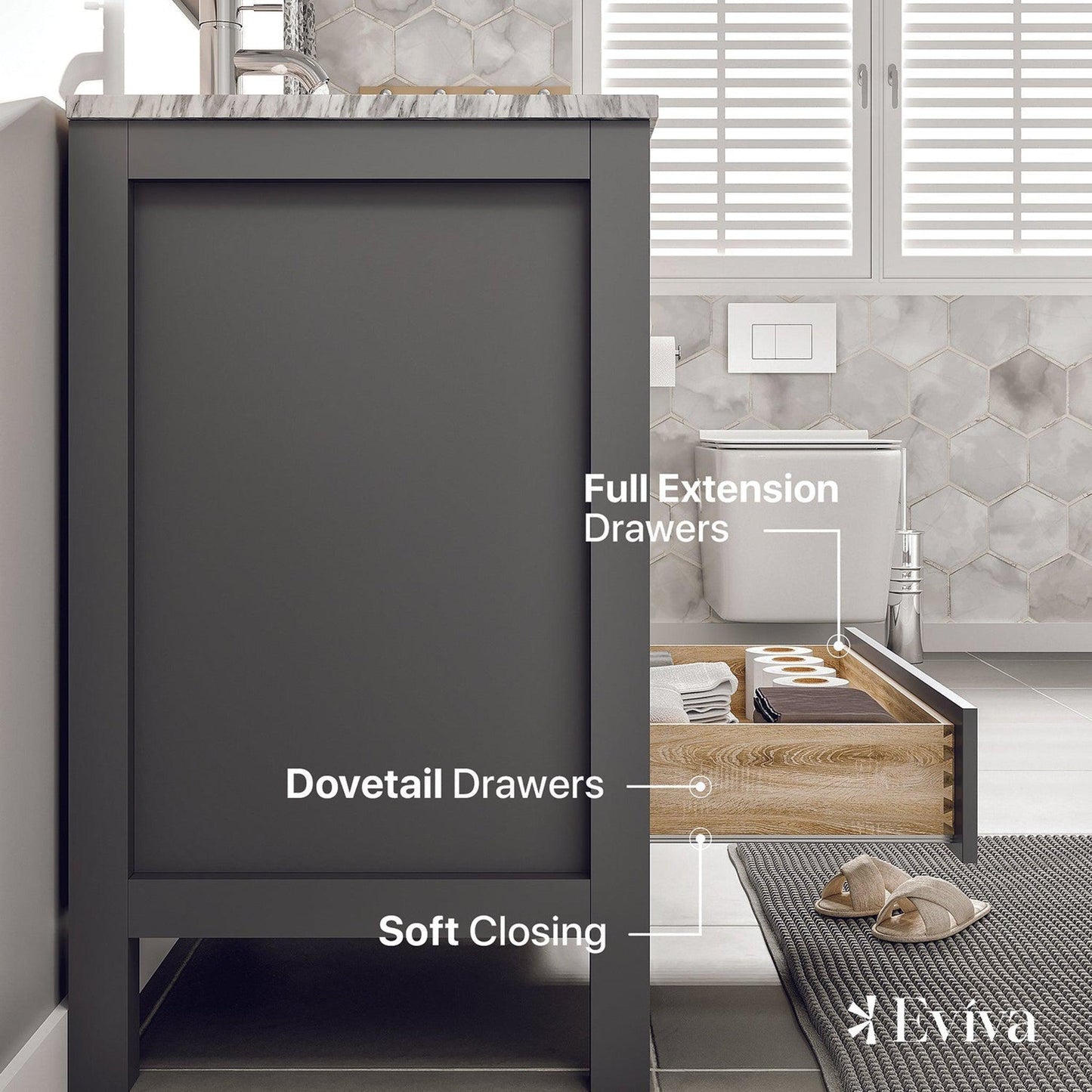 Eviva London 30" x 34" Gray Freestanding Bathroom Vanity With Carrara Marble Countertop and Single Undermount Sink