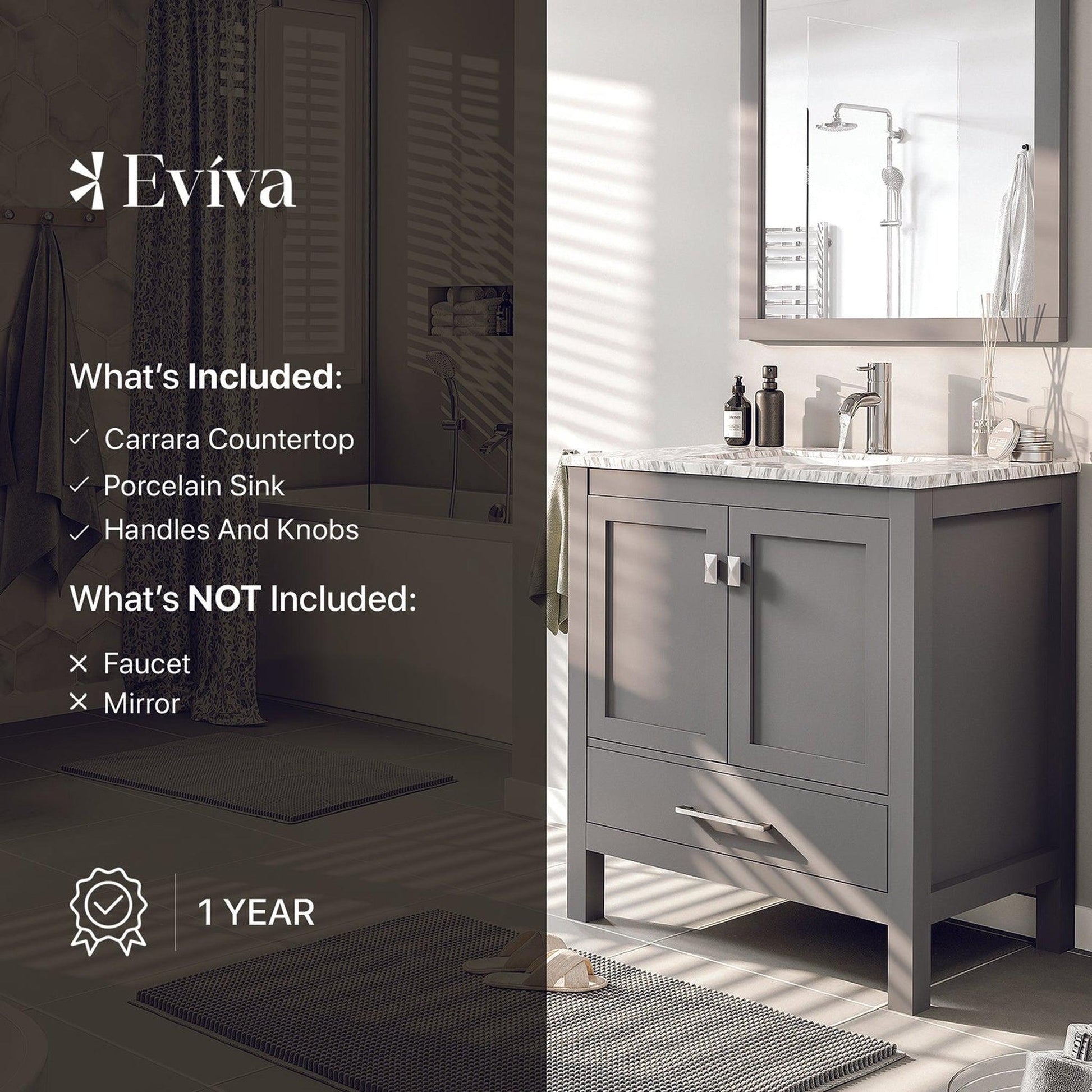 Eviva London 30" x 34" Gray Freestanding Bathroom Vanity With Carrara Marble Countertop and Single Undermount Sink