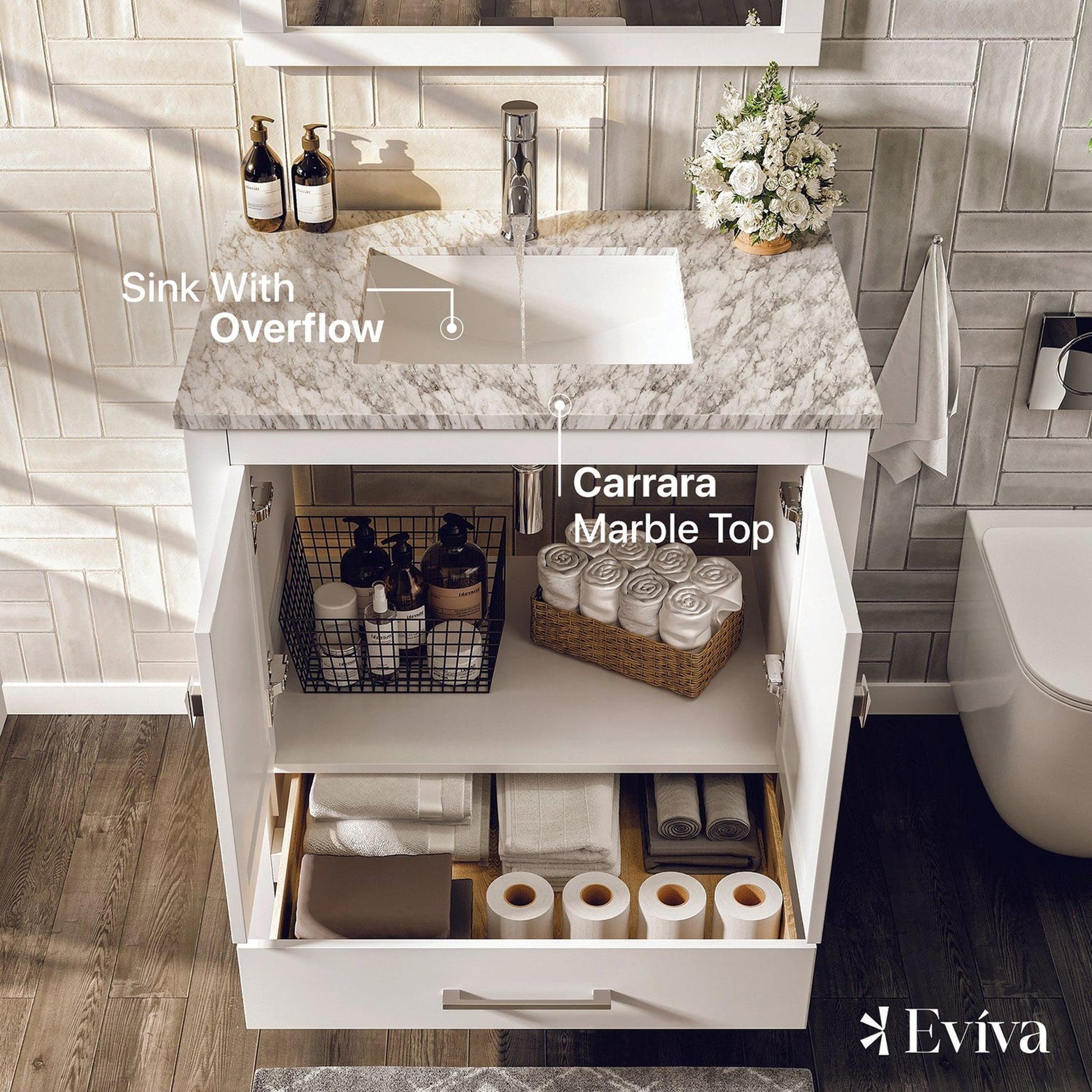 Eviva London 30" x 34" White Freestanding Bathroom Vanity With Carrara Marble Countertop and Single Undermount Sink