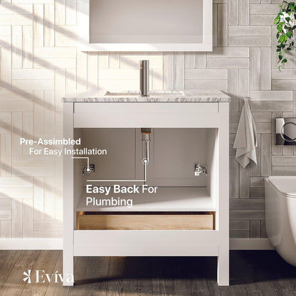 Eviva London 30" x 34" White Freestanding Bathroom Vanity With Carrara Marble Countertop and Single Undermount Sink