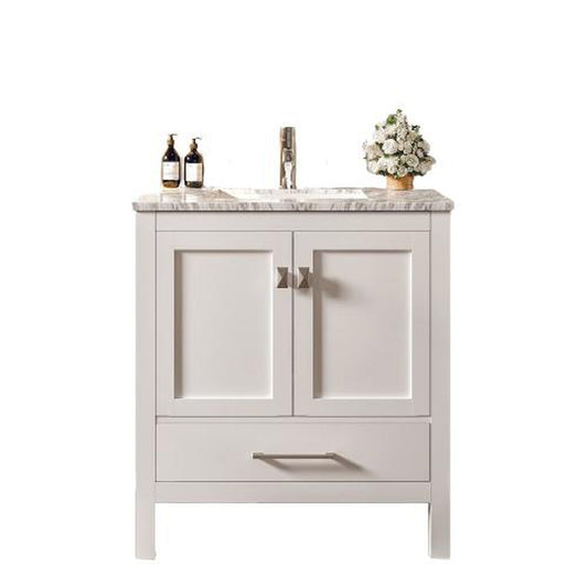 Eviva London 30" x 34" White Freestanding Bathroom Vanity With Carrara Marble Countertop and Single Undermount Sink
