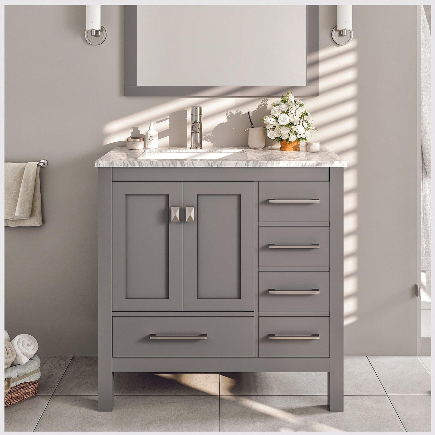 Eviva London 36" x 34" Gray Freestanding Bathroom Vanity With Carrara Marble Countertop and Single Undermount Sink