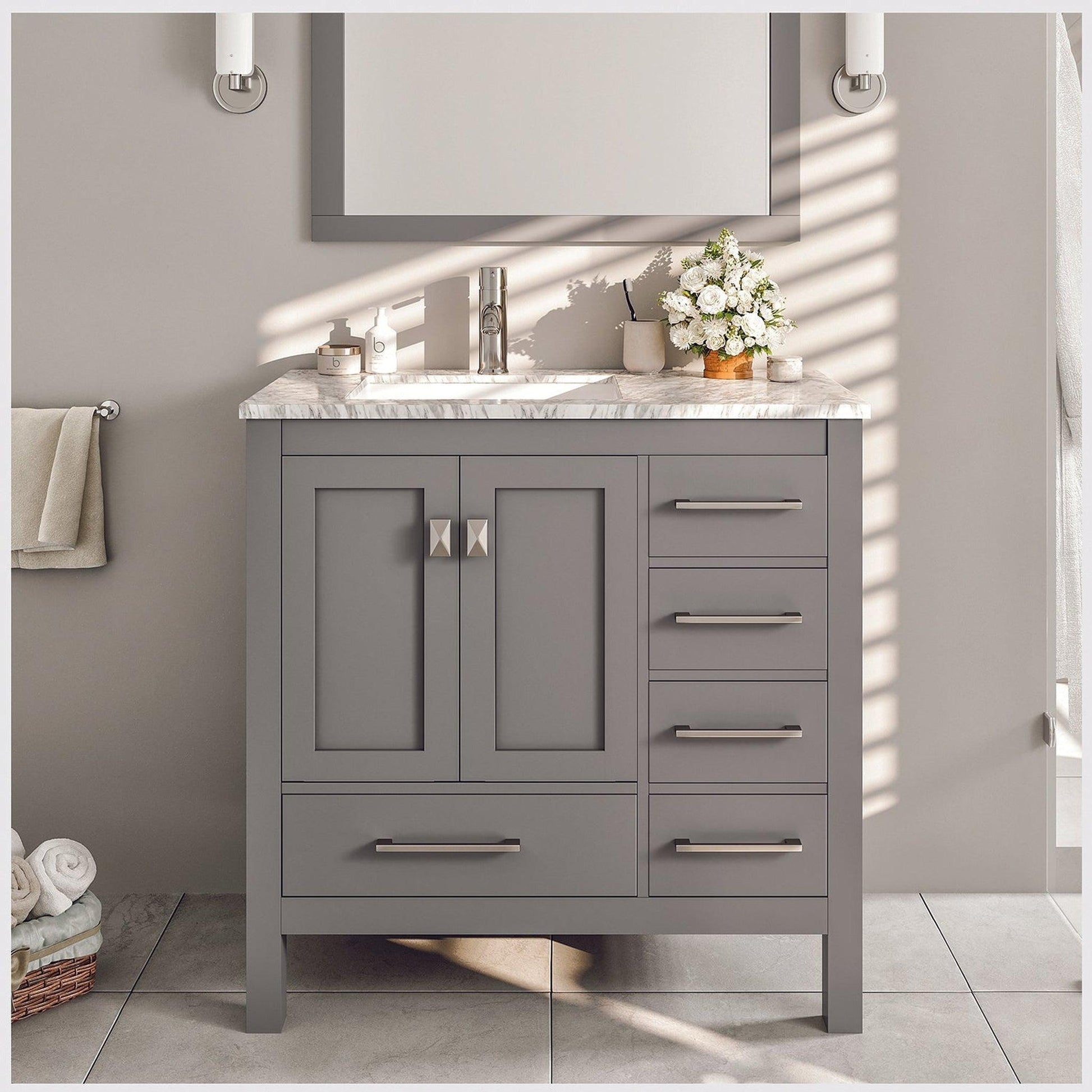 Eviva London 36" x 34" Gray Freestanding Bathroom Vanity With Carrara Marble Countertop and Single Undermount Sink