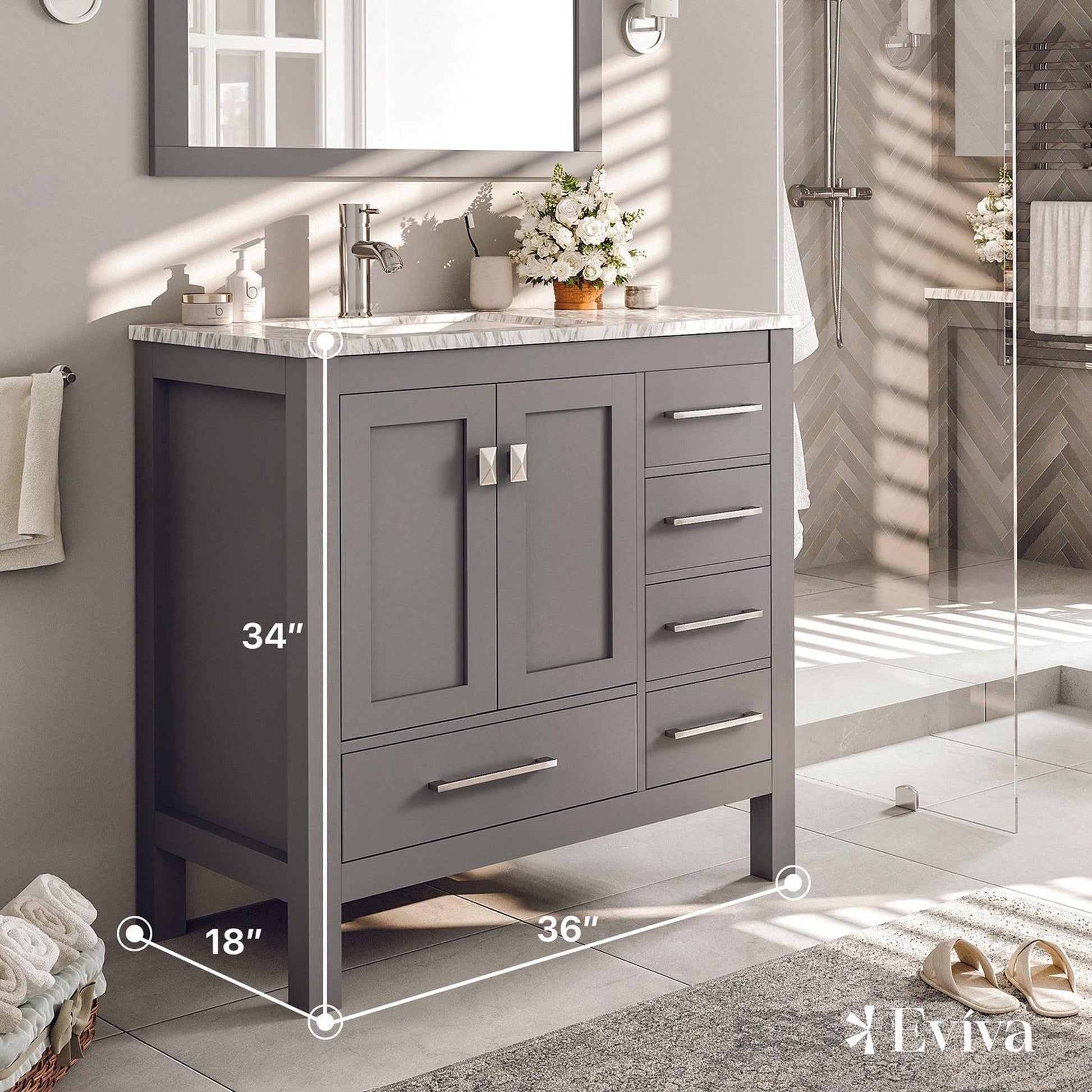 Eviva London 36" x 34" Gray Freestanding Bathroom Vanity With Carrara Marble Countertop and Single Undermount Sink