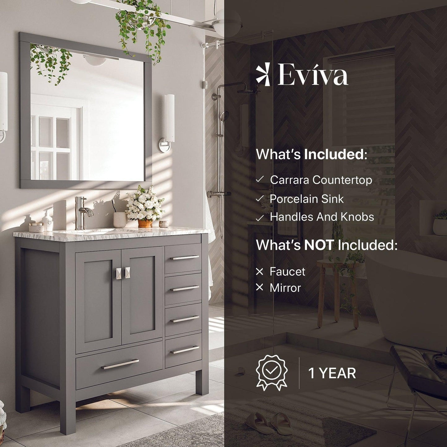 Eviva London 36" x 34" Gray Freestanding Bathroom Vanity With Carrara Marble Countertop and Single Undermount Sink