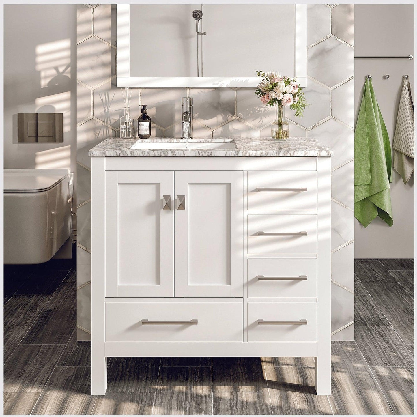 Eviva London 36" x 34" White Freestanding Bathroom Vanity With Carrara Marble Countertop and Single Undermount Sink