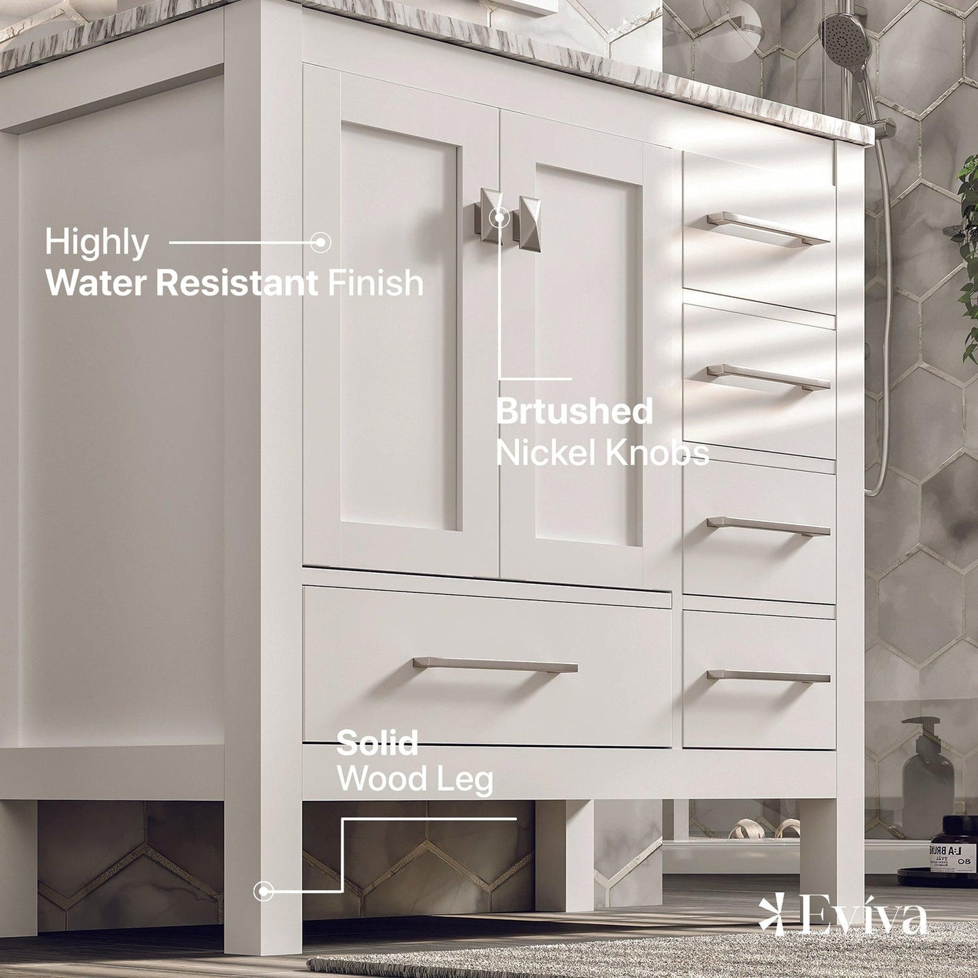 Eviva London 36" x 34" White Freestanding Bathroom Vanity With Carrara Marble Countertop and Single Undermount Sink
