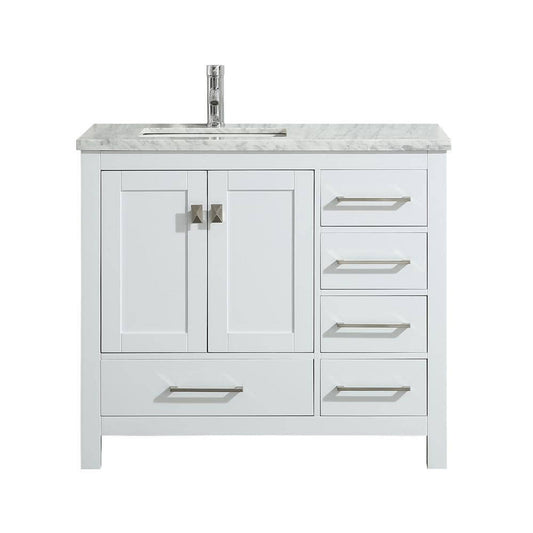 Eviva London 36" x 34" White Freestanding Bathroom Vanity With Carrara Marble Countertop and Single Undermount Sink