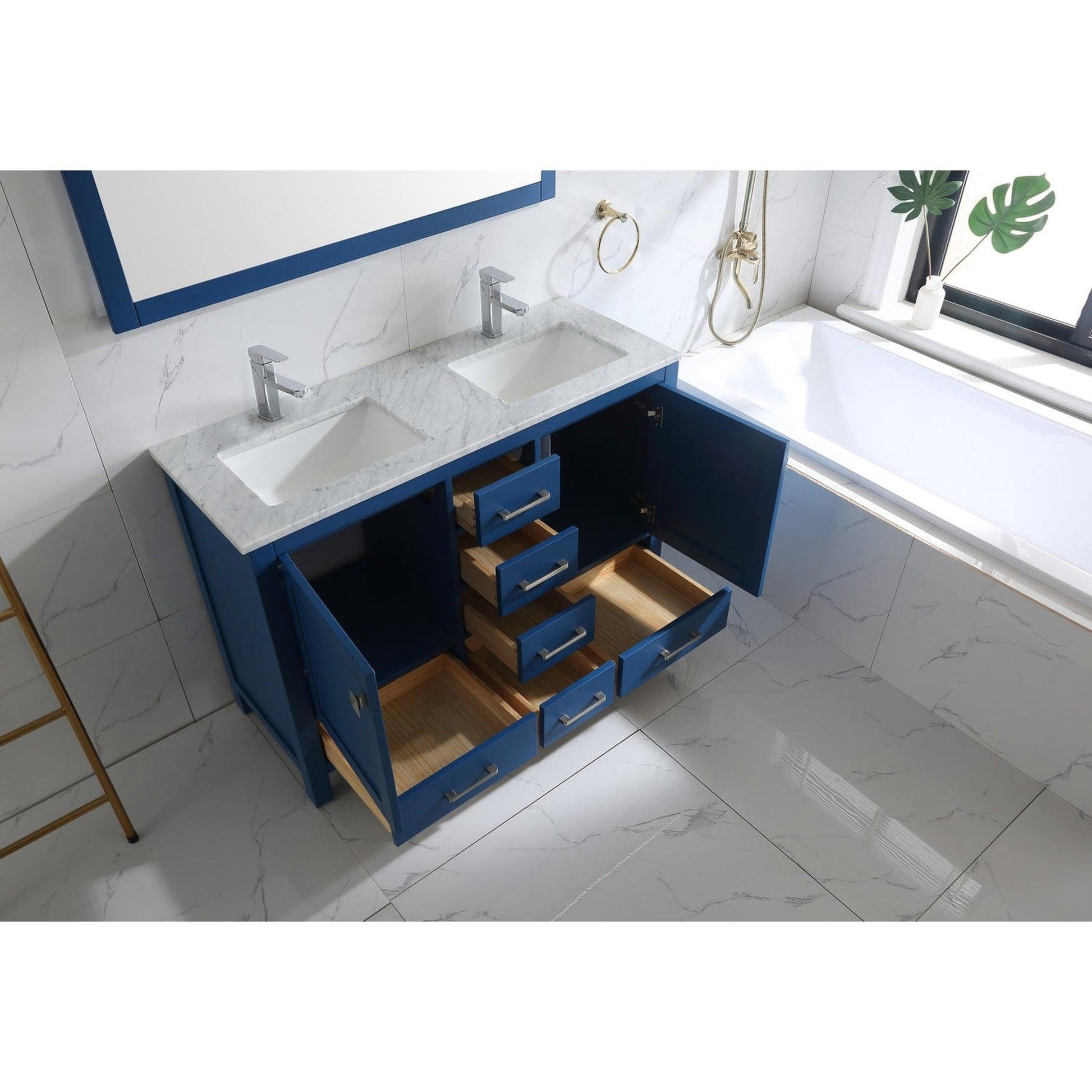 Eviva London 48" x 34" Blue Freestanding Double Bathroom Vanity Sink With Brushed Chrome Handles and Carrara Marble Countertop