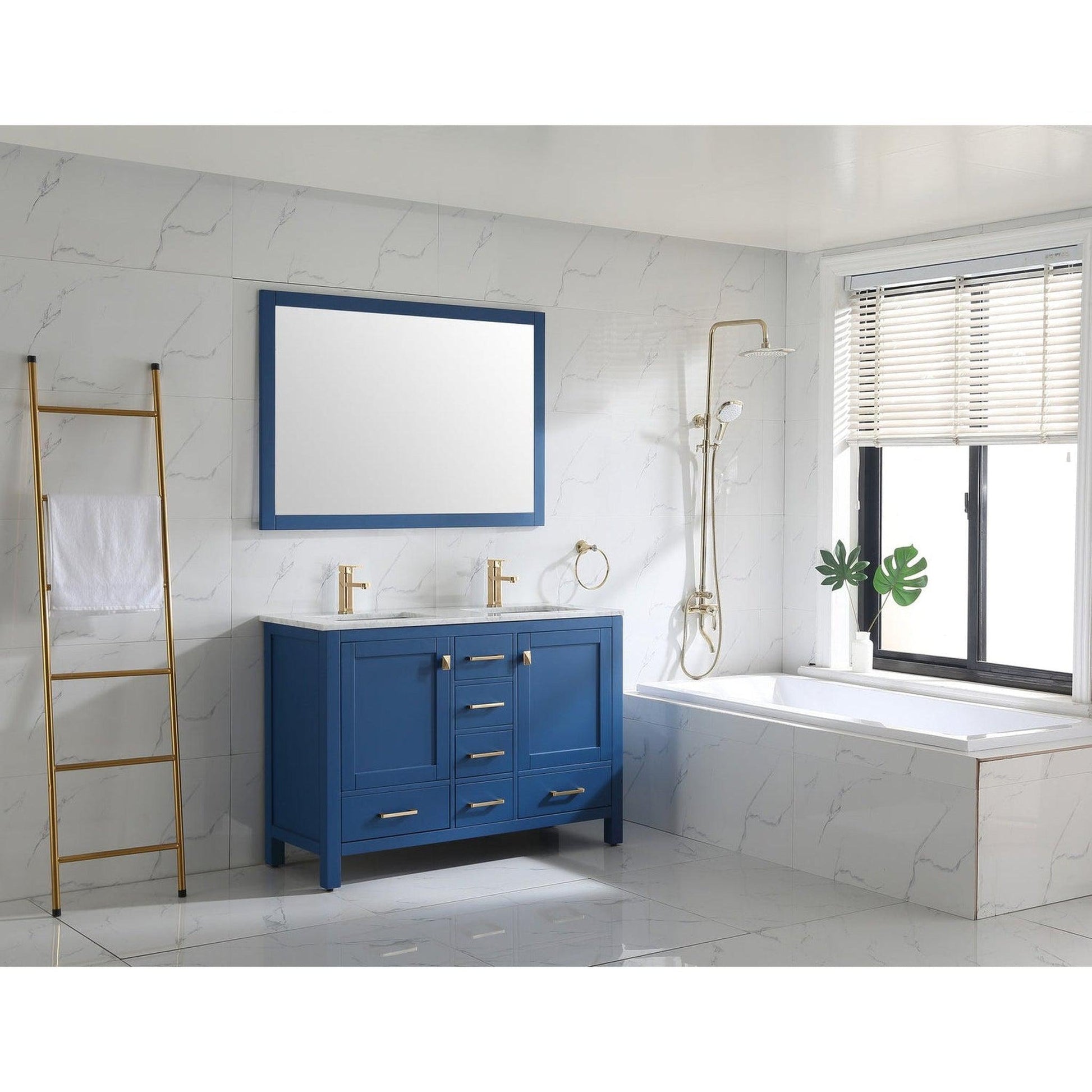 Eviva London 48" x 34" Blue Freestanding Double Bathroom Vanity Sink With Gold Coated Handles and Carrara Marble Countertop