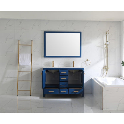 Eviva London 48" x 34" Blue Freestanding Double Bathroom Vanity Sink With Gold Coated Handles and Carrara Marble Countertop