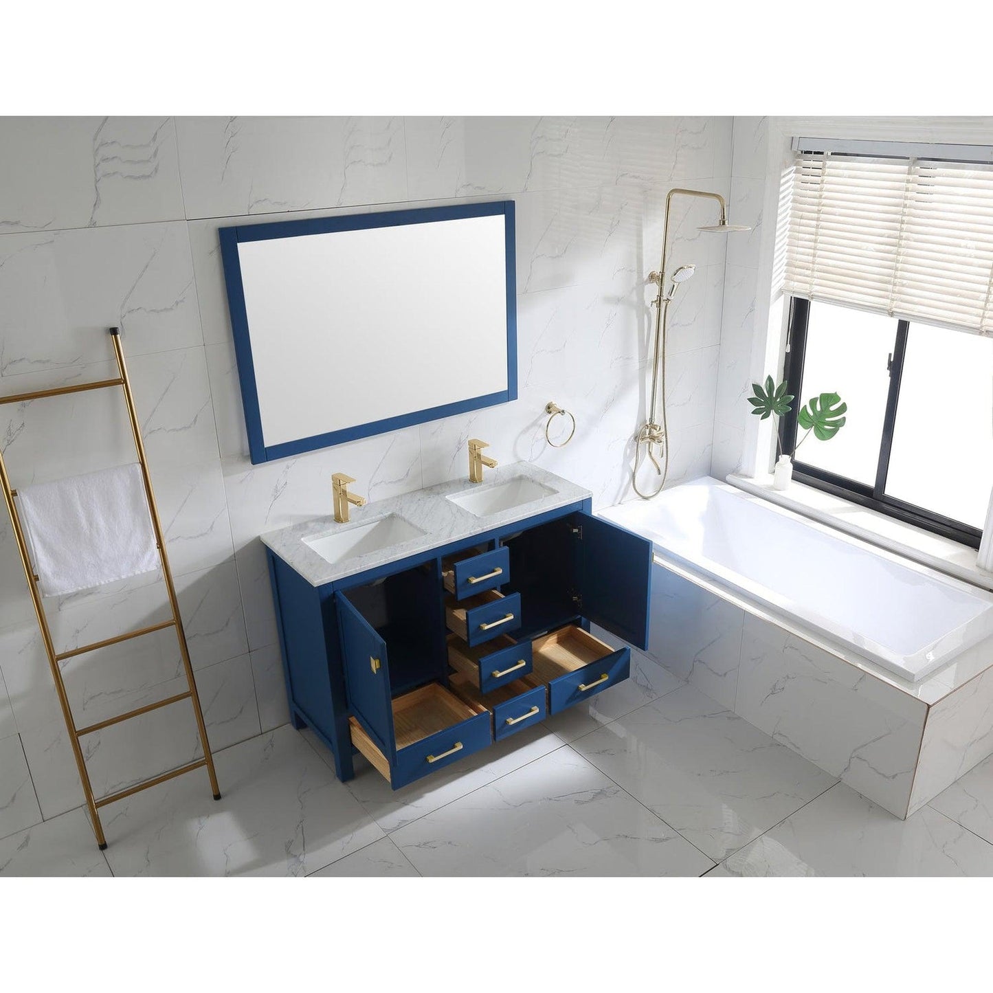 Eviva London 48" x 34" Blue Freestanding Double Bathroom Vanity Sink With Gold Coated Handles and Carrara Marble Countertop