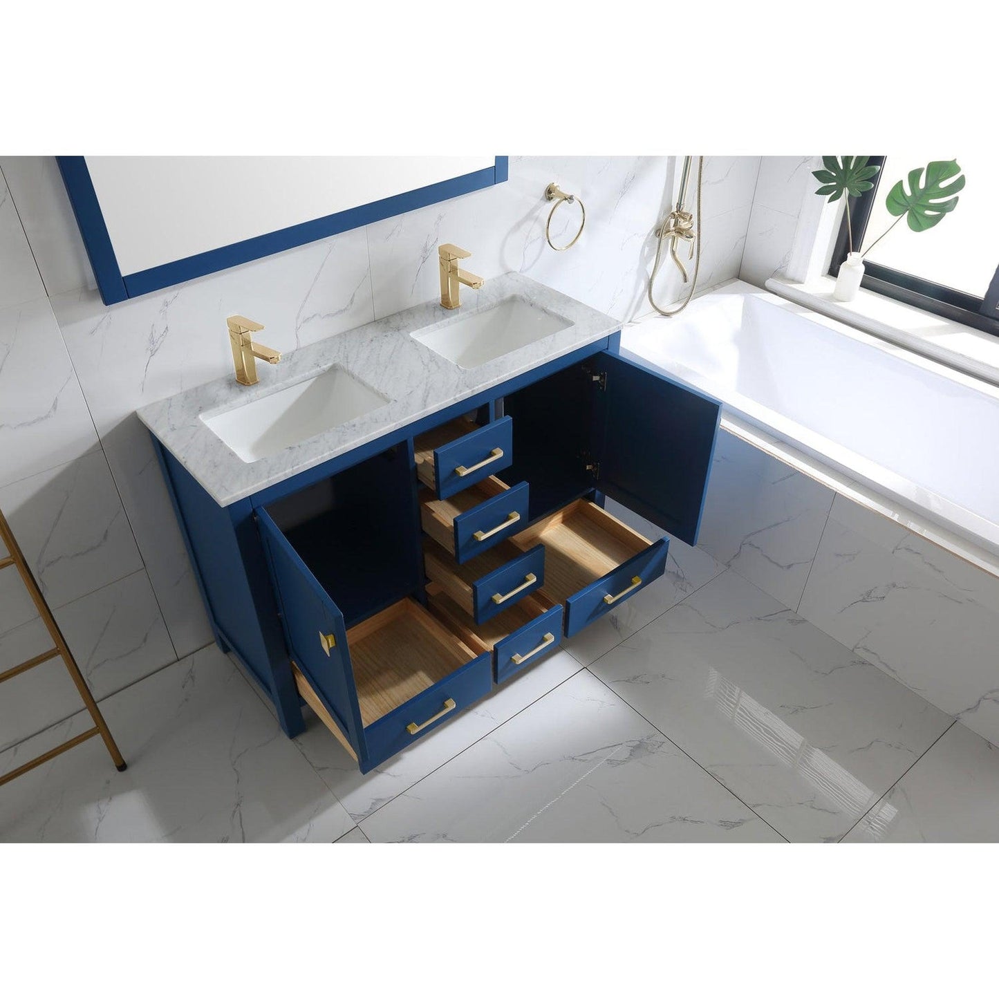 Eviva London 48" x 34" Blue Freestanding Double Bathroom Vanity Sink With Gold Coated Handles and Carrara Marble Countertop