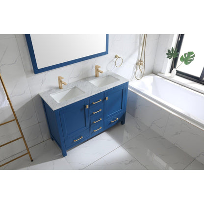 Eviva London 48" x 34" Blue Freestanding Double Bathroom Vanity Sink With Gold Coated Handles and Carrara Marble Countertop