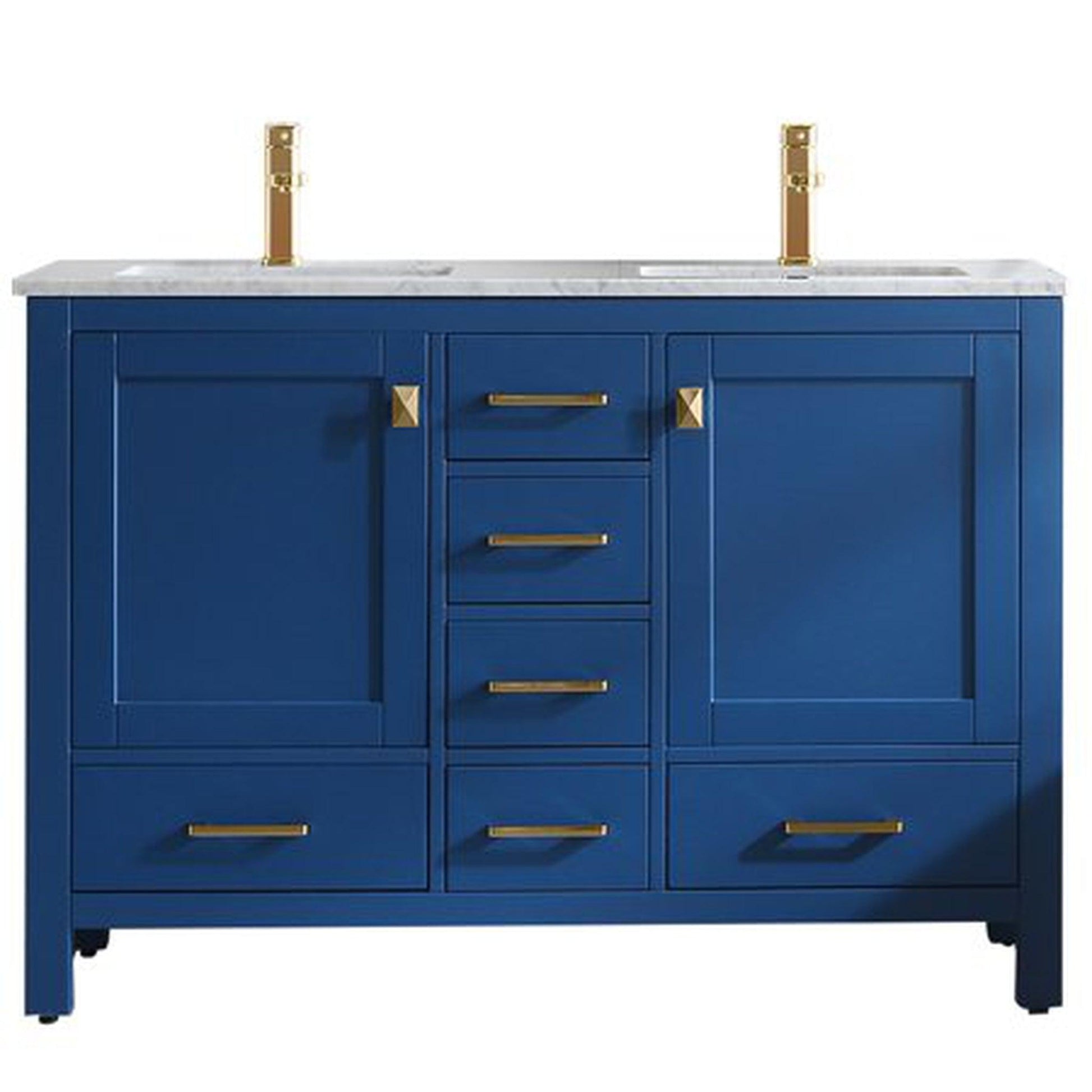 Eviva London 48" x 34" Blue Freestanding Double Bathroom Vanity Sink With Gold Coated Handles and Carrara Marble Countertop