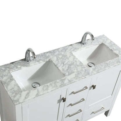 Eviva London 48" x 34" White Freestanding Bathroom Vanity With Carrara Marble Countertop and Double Undermount Sink