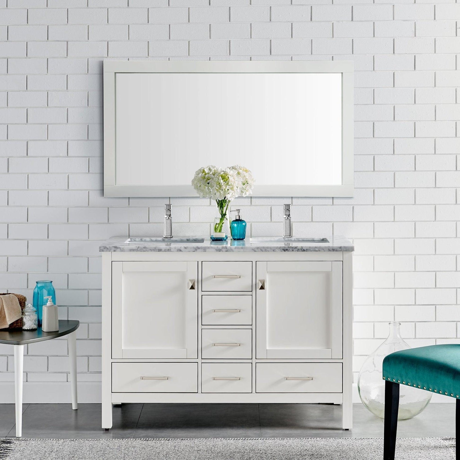 Eviva London 48" x 34" White Freestanding Bathroom Vanity With Carrara Marble Countertop and Double Undermount Sink