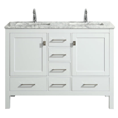 Eviva London 48" x 34" White Freestanding Bathroom Vanity With Carrara Marble Countertop and Double Undermount Sink