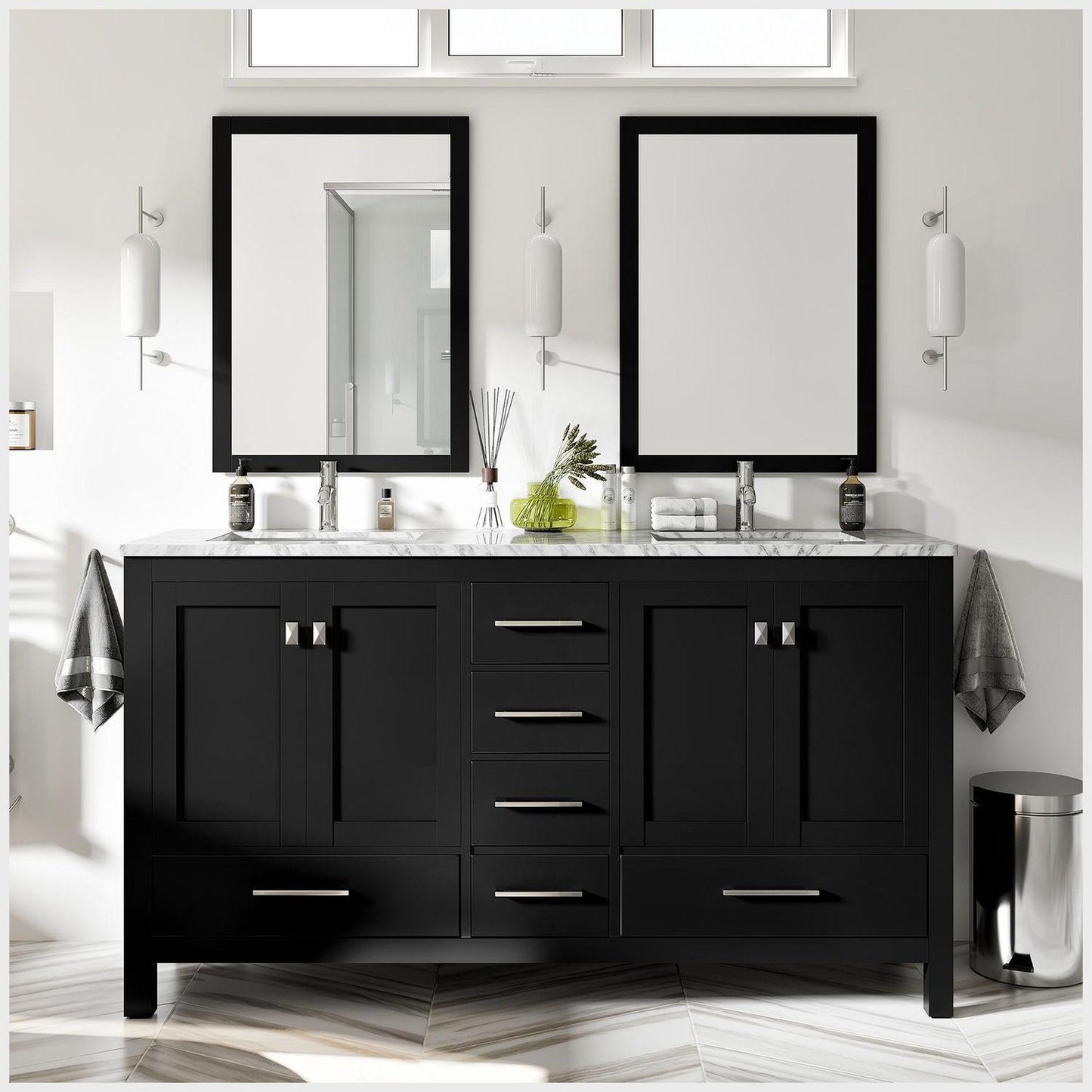 Eviva London 60" x 34" Espresso Freestanding Bathroom Vanity With Carrara Marble Countertop and Double Undermount Sink