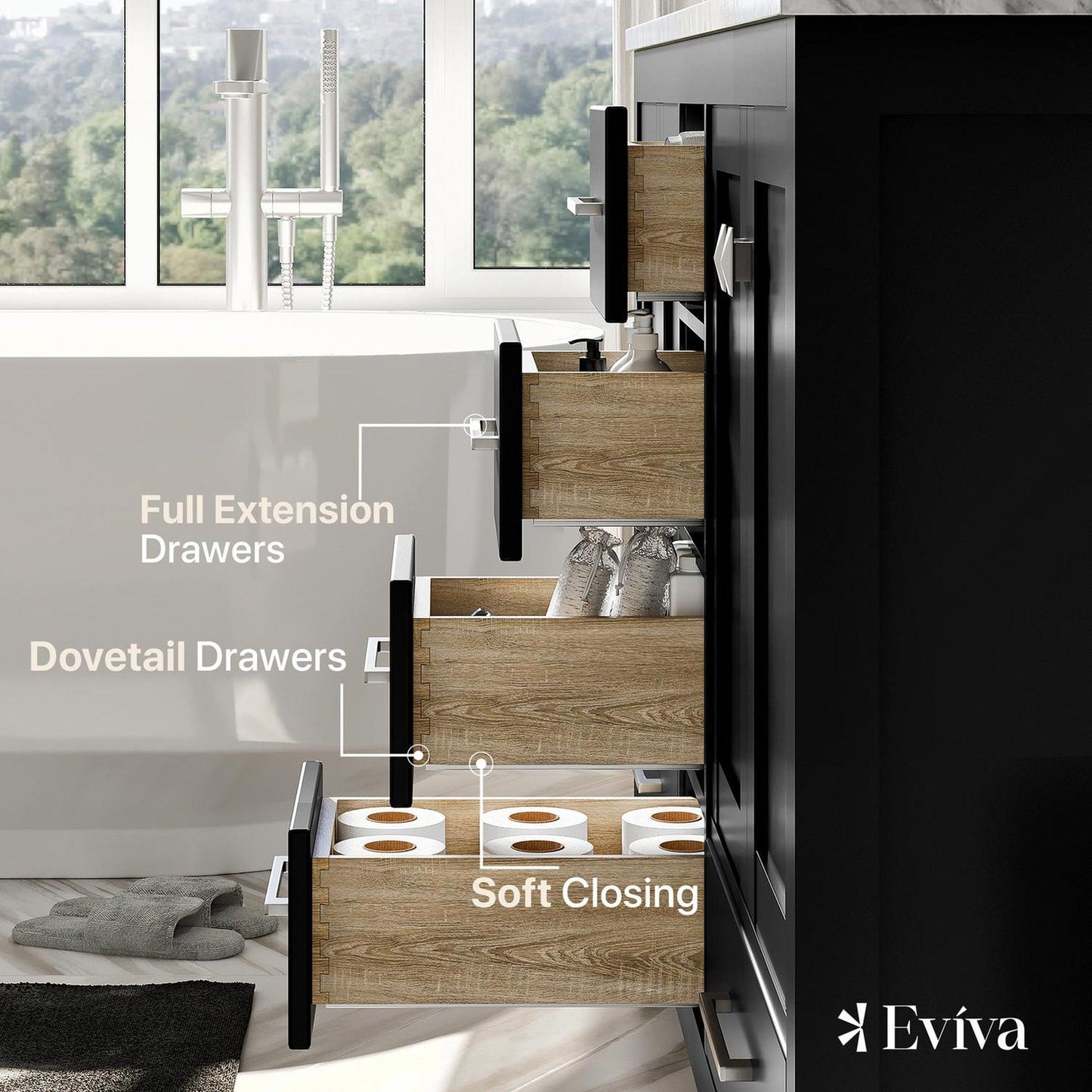 Eviva London 60" x 34" Espresso Freestanding Bathroom Vanity With Carrara Marble Countertop and Double Undermount Sink