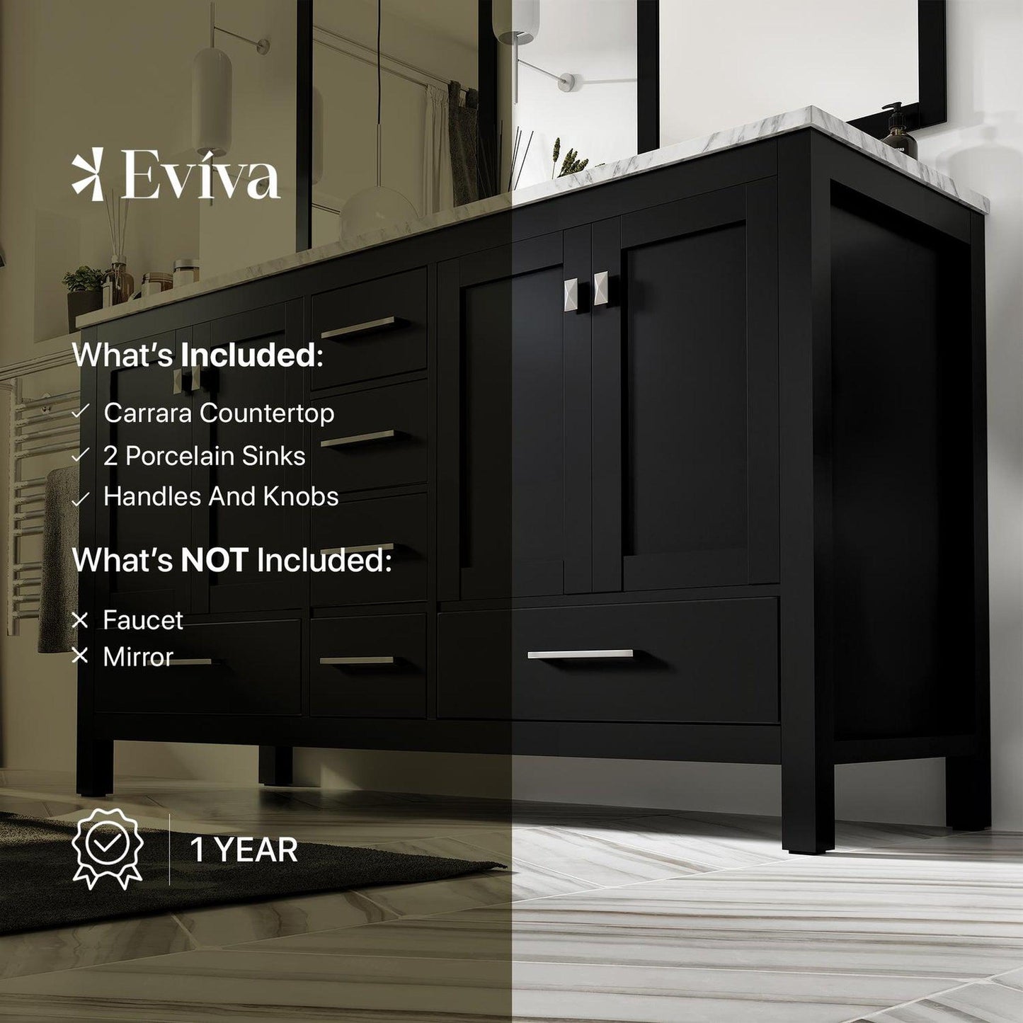 Eviva London 60" x 34" Espresso Freestanding Bathroom Vanity With Carrara Marble Countertop and Double Undermount Sink